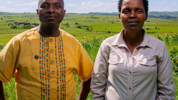 Sinegugu and Nonhle stand next to each other. Sinegugu is on the left. He is a Black man with a bald head. He is wearing a bright yellow shirt with colorful patterns embroidered onto it, and he is smiling slightly, his hands on his hips. On the right is Nonhle. She is a Black woman with curly hair cropped short. She is wearing a button up grey shirt and a more serious expression. Behind them is a lush and bright green field of grass.