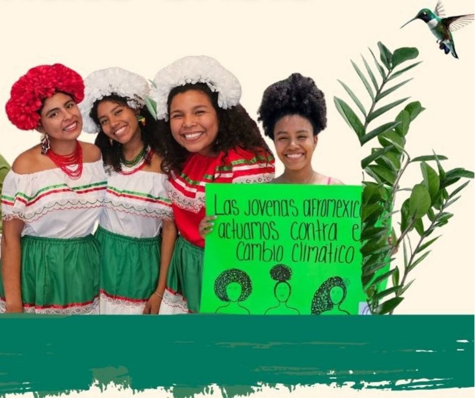 A graphic featuring collage-style photos of many young feminist activists of varied races, as well as imagery of plants and a hummingbird.