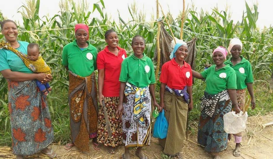 Eight Black women, most of them in matching green or red t-shirts with colorful wrap skirts, pose together in front of a crop field, many of them smiling brightly. One of them has a baby on her hip.